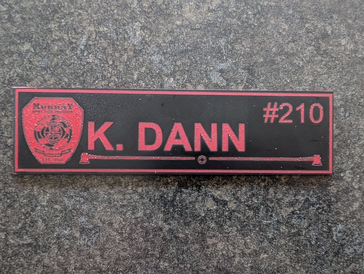 Black over red engraved fire department gear locker nameplate