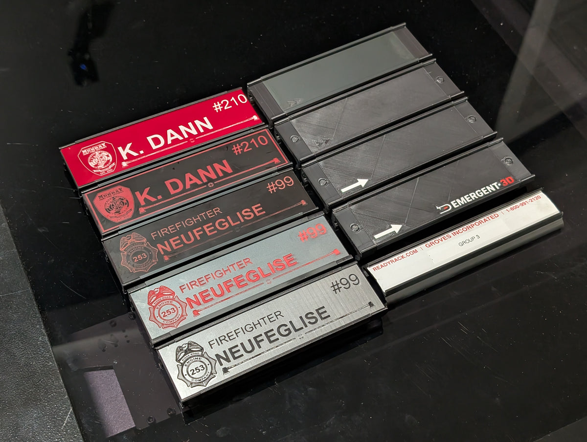 Examples of engraved two-color gear locker nameplates and mounting holders