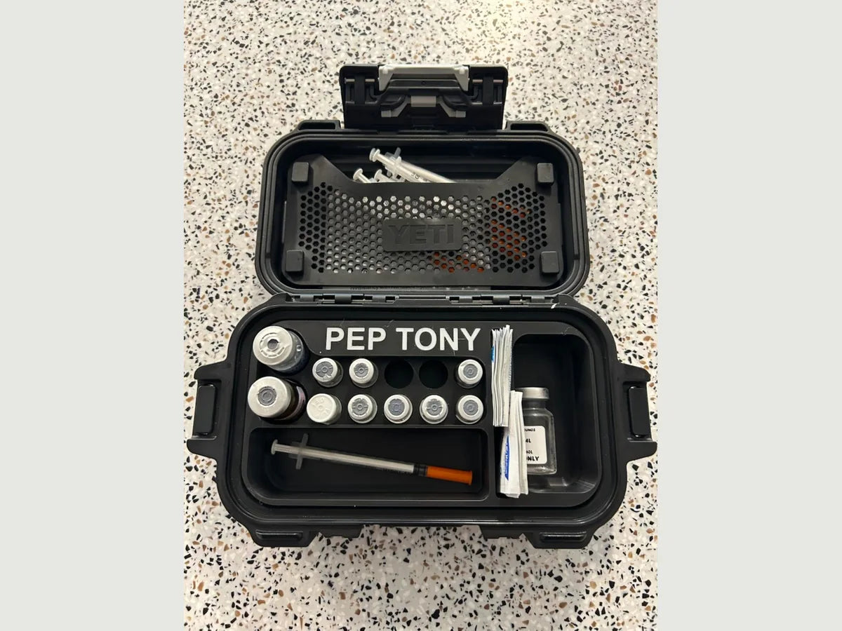 Personalized medication organization insert installed in a YETI LoadOut GoBox